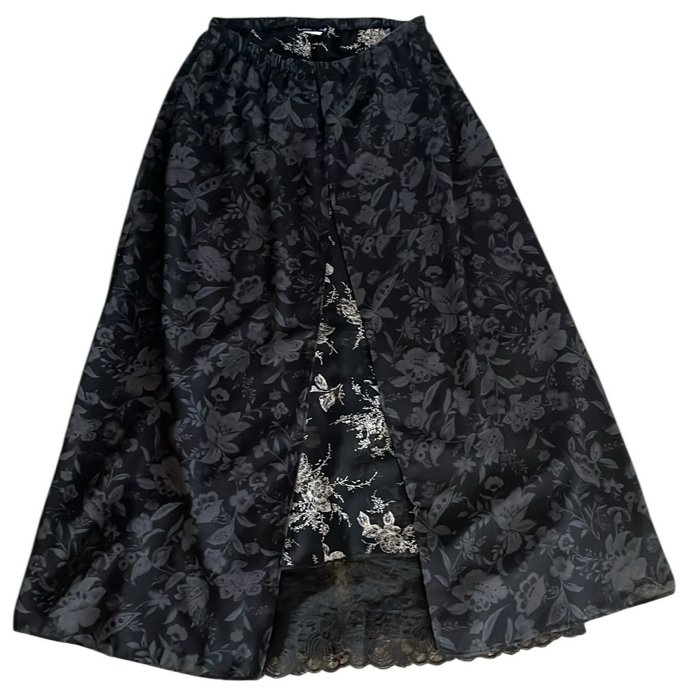 Water Colors Black Floral A-Line/ Maxi Double Layer Skirt Size Medium